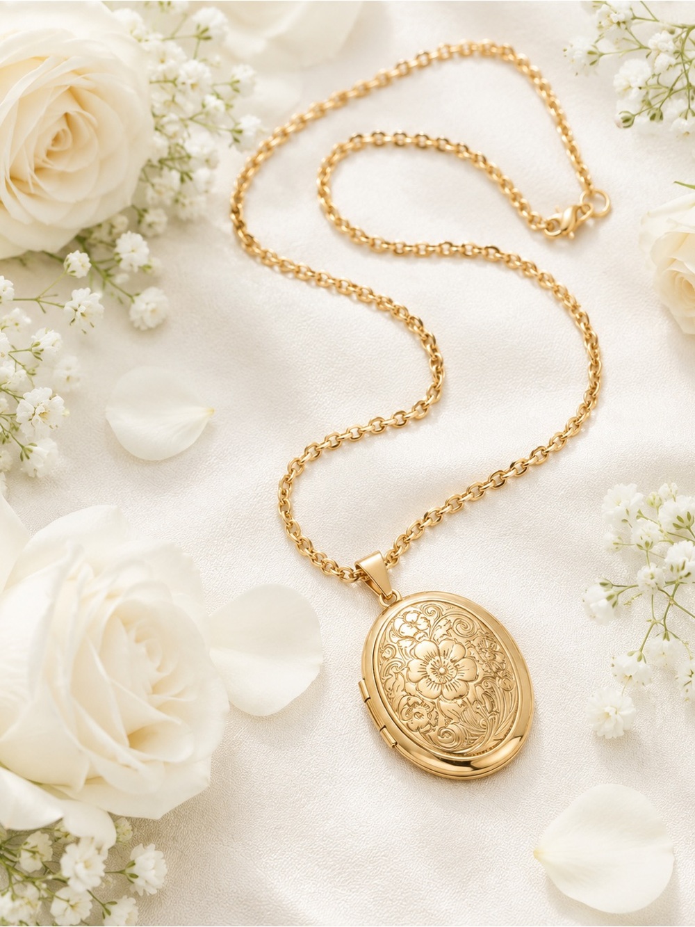 Gold Floral Engraved Locket Necklace - Elegant Women's Jewelry